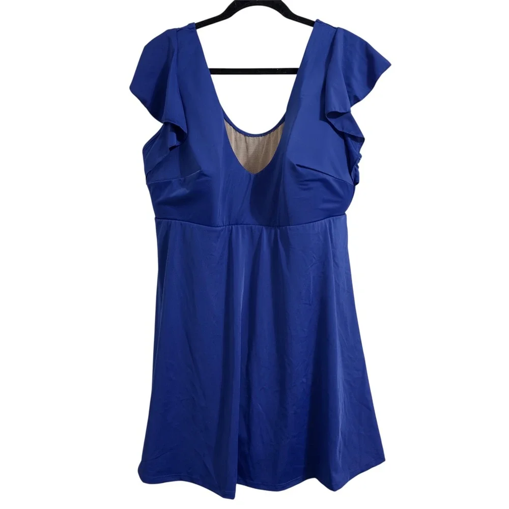 $98 New‎ Cacique Women Royal Blue Ruffle Sleeve Swim Dress One Piece Size 22